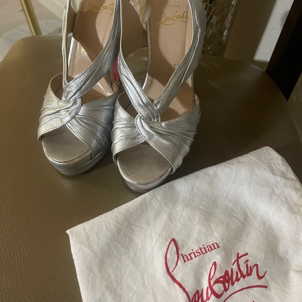 Christian Louboutin Silver Metallic Open-Toe Heels